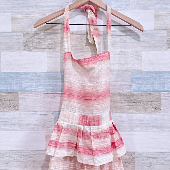 Anthropologie Ruffle Striped Apron Pink Cream Metallic Cotton Womens One Size OS - Picture 4 of 6